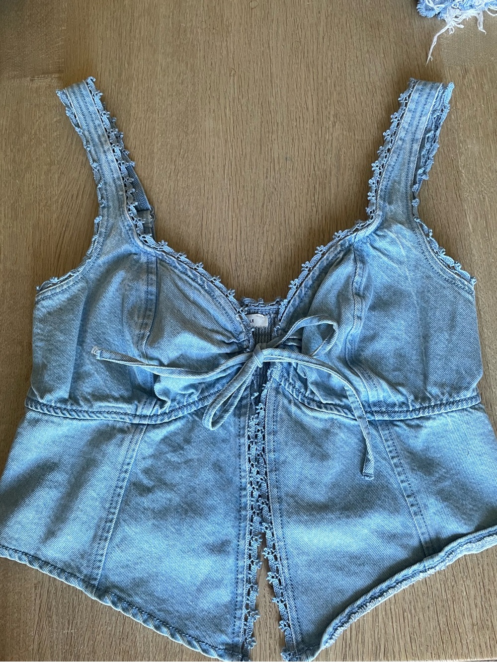 American Eagle Denim Tie-Front Crop Top - Light Blue - adjustable straps